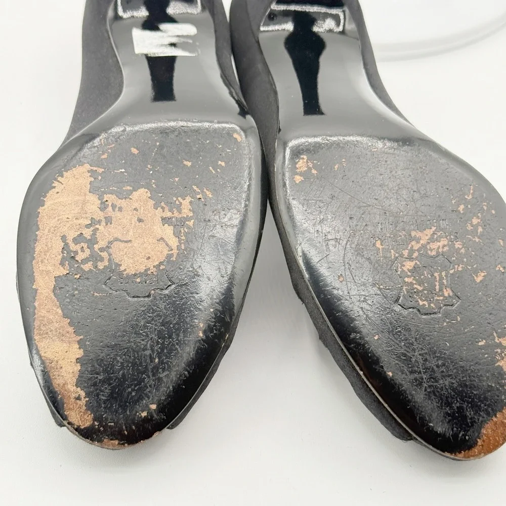 Stuart Weitzman 15026 Peep Toe‎ Pumps Size 7.5 Women Black Satin Rhinestone Bow